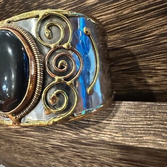 Artisan-Made Adjustable Black Onyx and Mixed Metals Cuff Bracelet - 2 Inches Wi - Picture 5 of 9